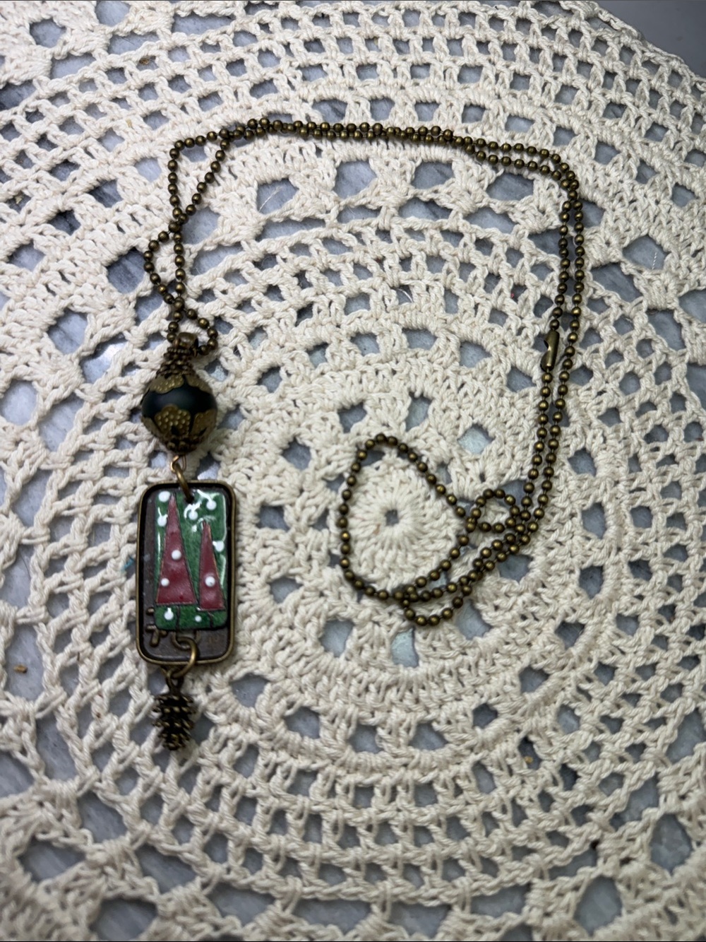 Handmade Bronze-Tone Red & Green Christmas Tree Pendant 26” Necklace